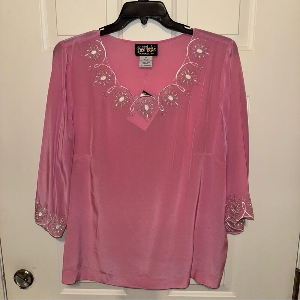 NEW Bob Mackie Wearable Art Silk Pink Floral Embroidered Blouse Women’s 1X
